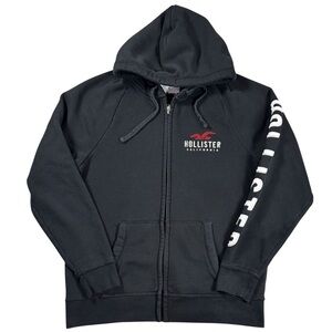 Hollister California Y2K Full Zip Hoodie Mens XL Black Sleeve Logo Soft Fleece